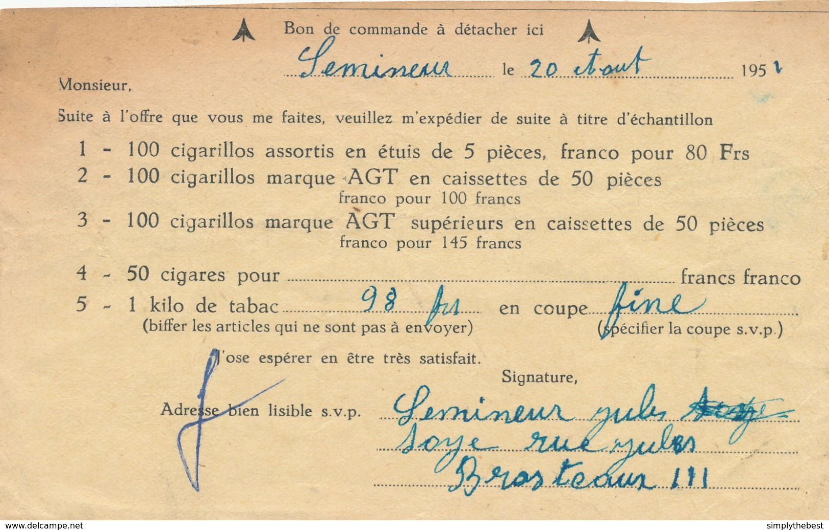 453/30 - Commande De Tabacs En Port Payé Destinataire Cachet à Etoiles RELAIS SOYE (Namur) 1951 Vers Gallot à THUILLIES - Sternenstempel