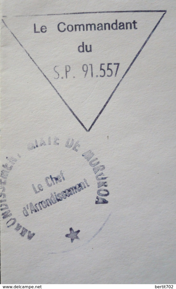 ENVELOPPE CORRESPONDANCE PHILATELIQUE - Le Commandant Du S.P. 91.557 - MURUROA - PAPEETE -  TIMBRE 33F - Documenti