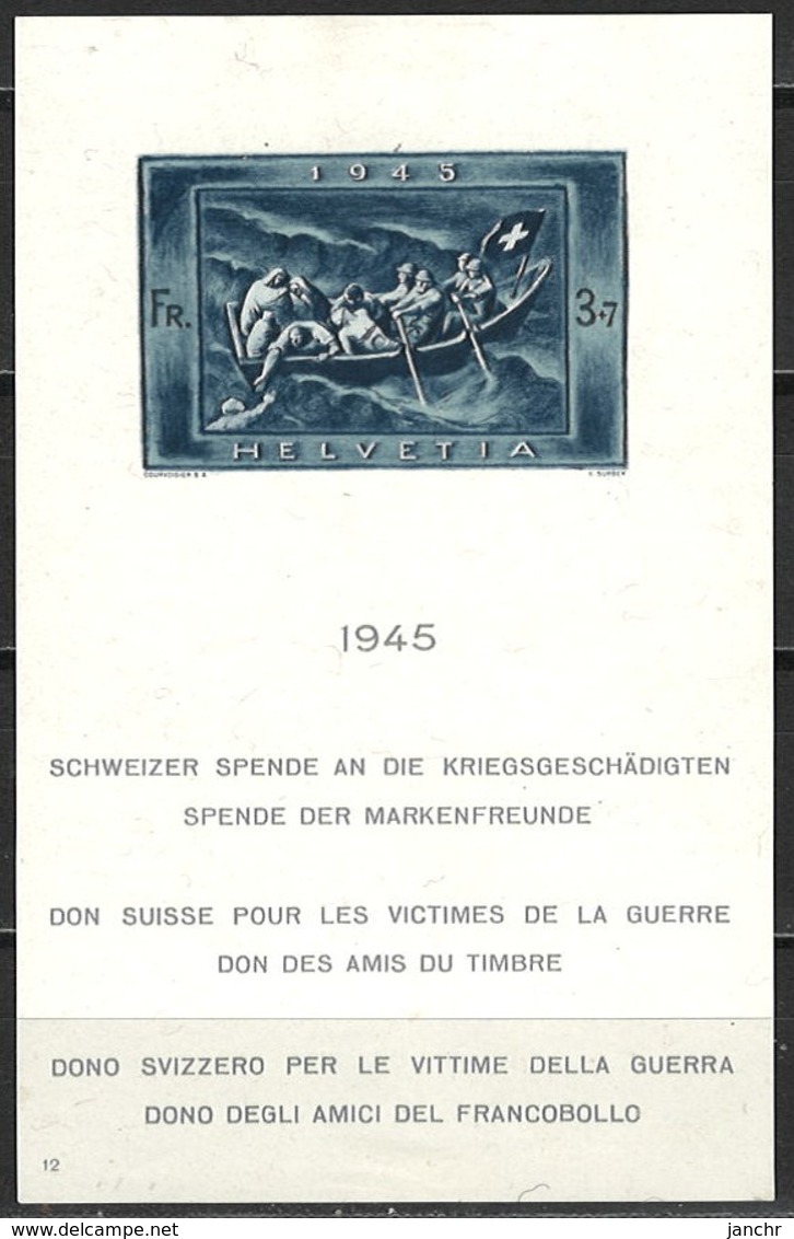 Schweiz Switzerland 1945. Mi Block 11 - Mit Falzsspur * - Blocks & Sheetlets & Panes