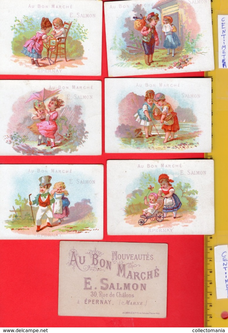 12 Chromos AU BON MARCHE Aprox. 1872, PUB Printer DANGIVILLE Paris Série Complet  E. Salmon Epernay  ALL 9,6cm X 6,5cm - Au Bon Marché