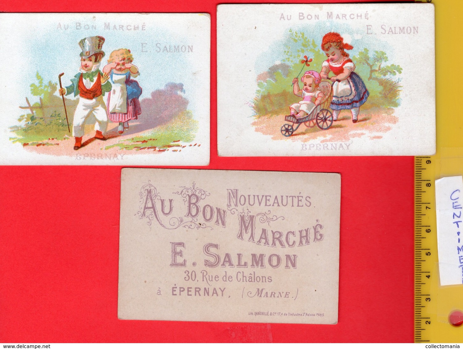 12 Chromos AU BON MARCHE Aprox. 1872, PUB Printer DANGIVILLE Paris Série Complet  E. Salmon Epernay  ALL 9,6cm X 6,5cm - Au Bon Marché