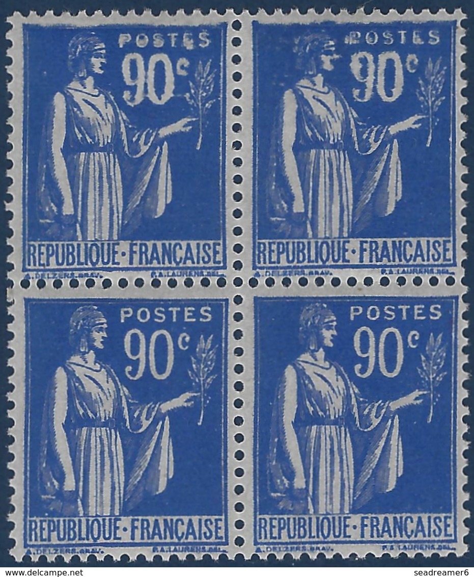 France Type Paix N°368** Bloc De 4 90c Impression Détruite Et Chiffres Déformés Tenant à Normal RRR Ainsi Signé Calves - 1932-39 Peace