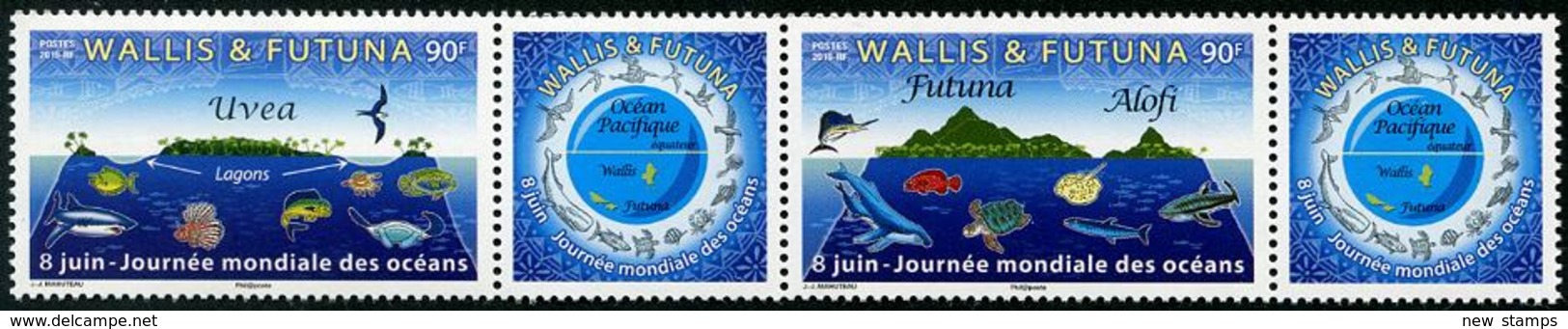 Wallis & Futuna 2019 World Ocean Day Fishes Turtle Bird Strip Of 2v + 2 Labels MNH - Fishes