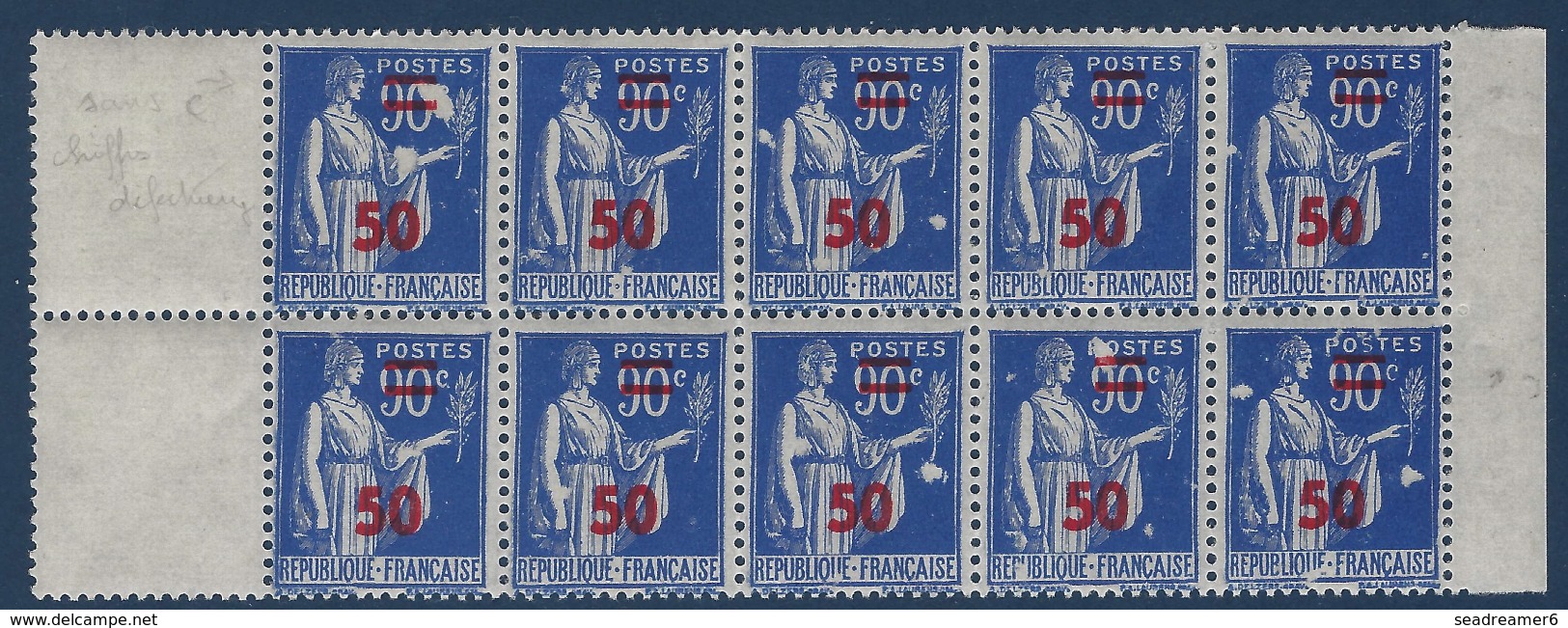 France Type Paix N°482** Bloc De 10 Manques D'impression, Sans C, Taches Blanches... !! RRR Ainsi Signé Calves - 1932-39 Peace