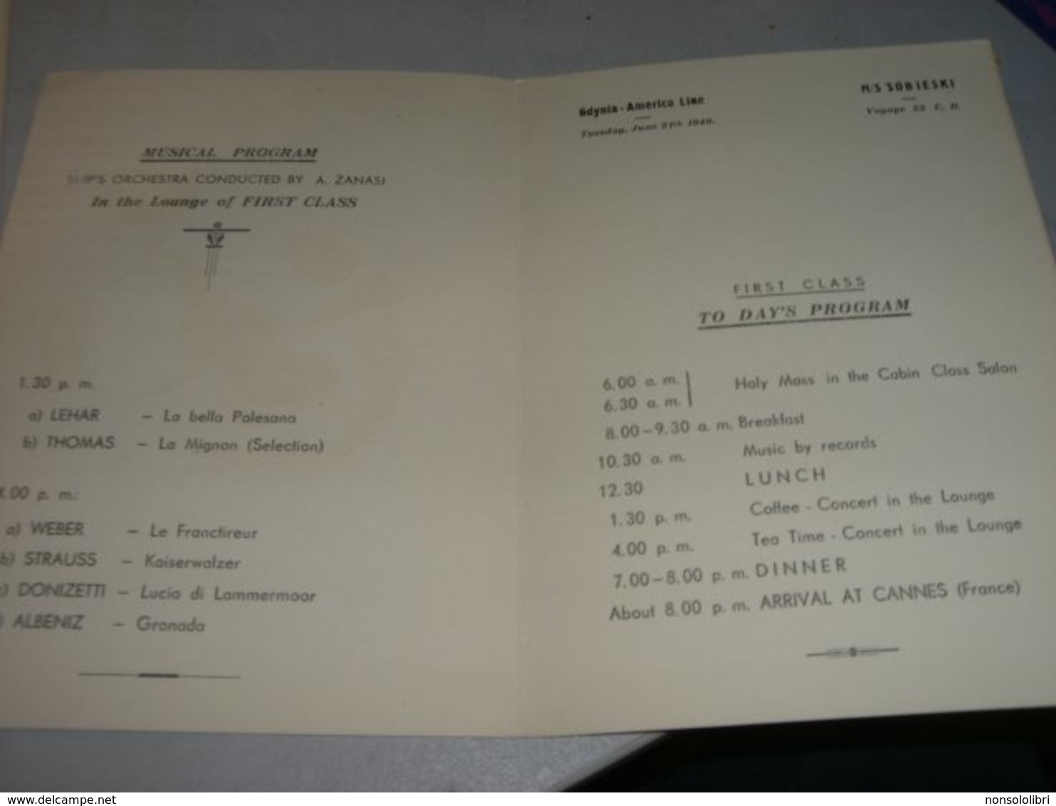 PROGRAMMA MOTONAVE M/S SOBIESKI 1949 AMERICAN LINE - Menu