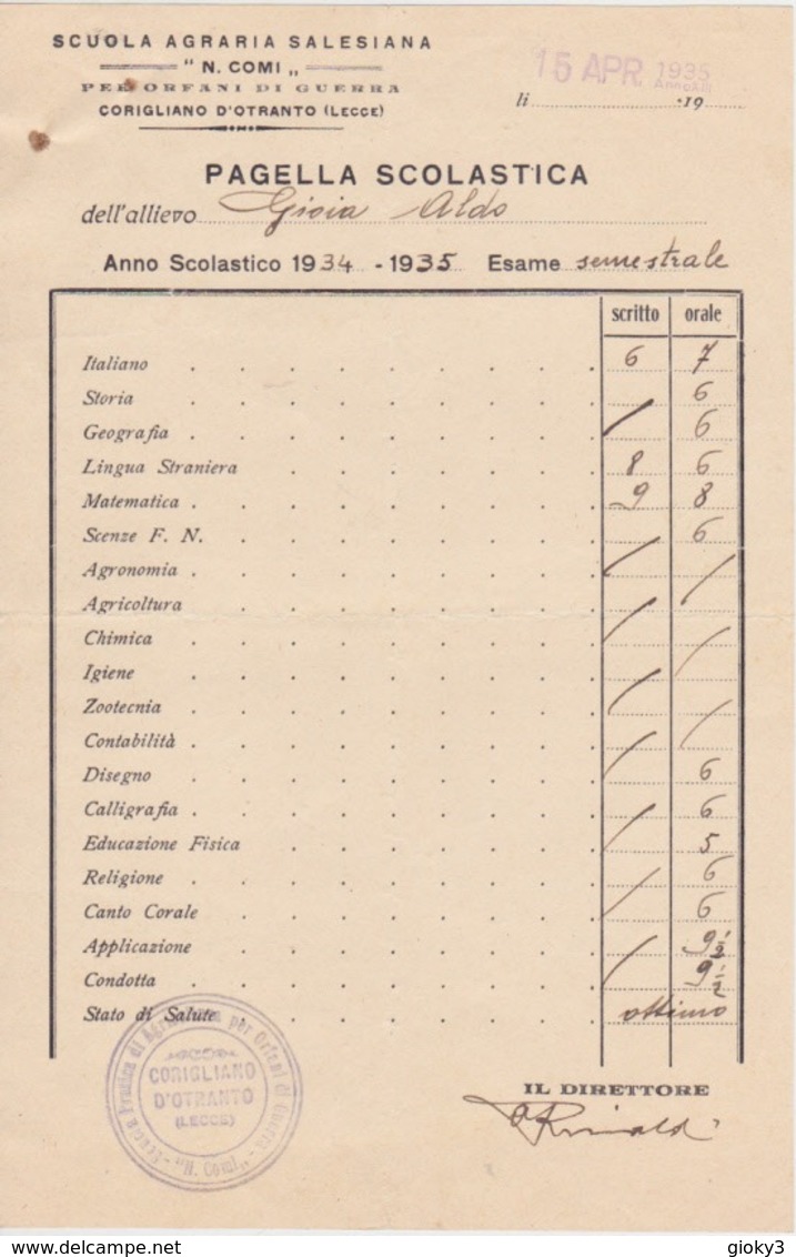 PAGELLA SCUOLA SALESIANA CORIGLIANO D'OTRANTO 1935 - Diplomi E Pagelle