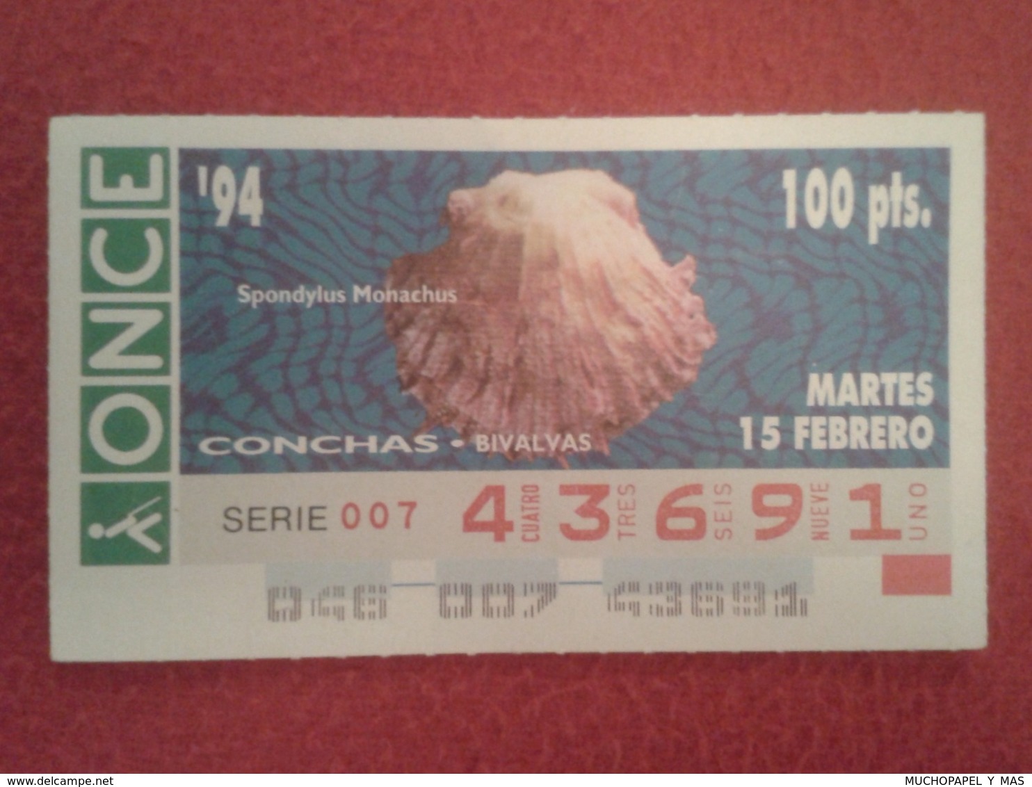 CUPÓN DE ONCE 1994 LOTTERY LOTERIE SPAIN LOTERÍA CONCHAS MARINAS O SIMIL MARINE SHELLS SHELL COQUILLAGES THE SEA CONCHA - Billetes De Lotería