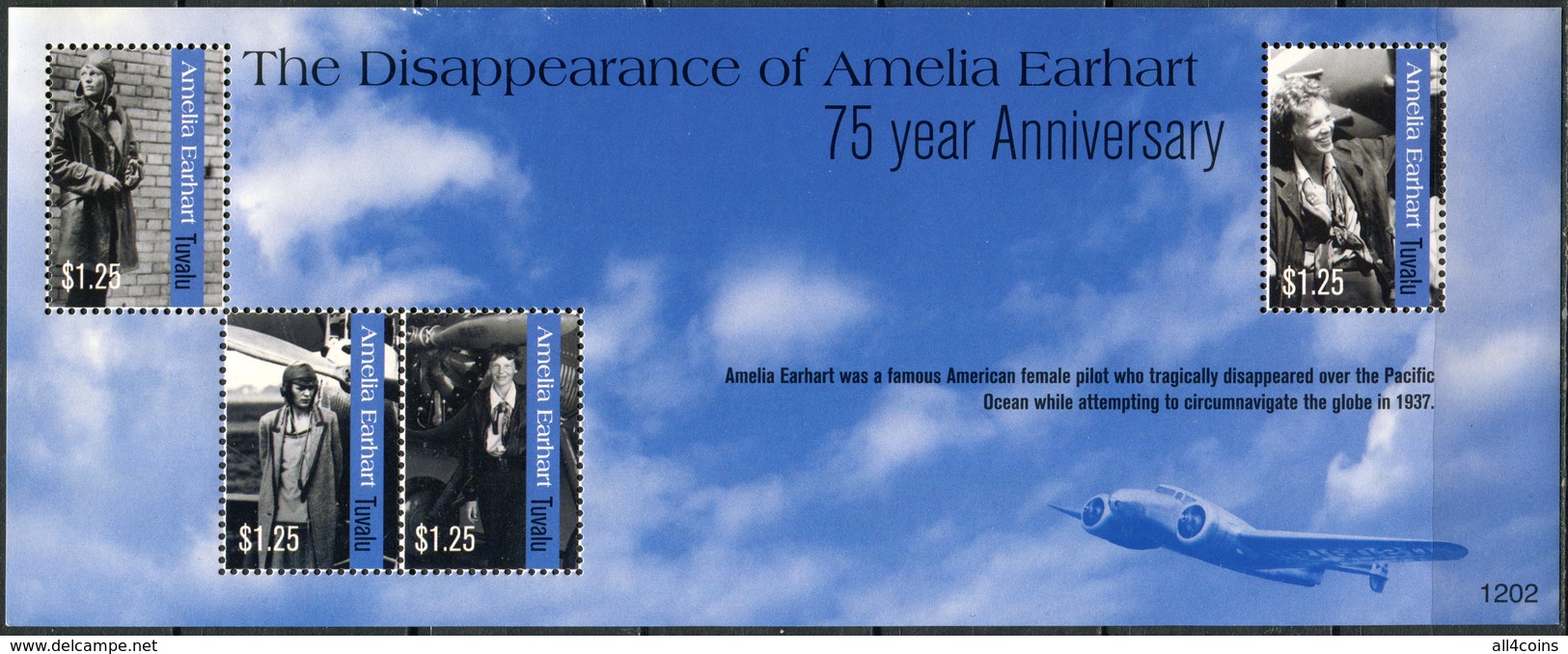 Tuvalu 2012. Amelia Earhart, 1897-1937 (MNH OG) Miniature Sheet - Tuvalu