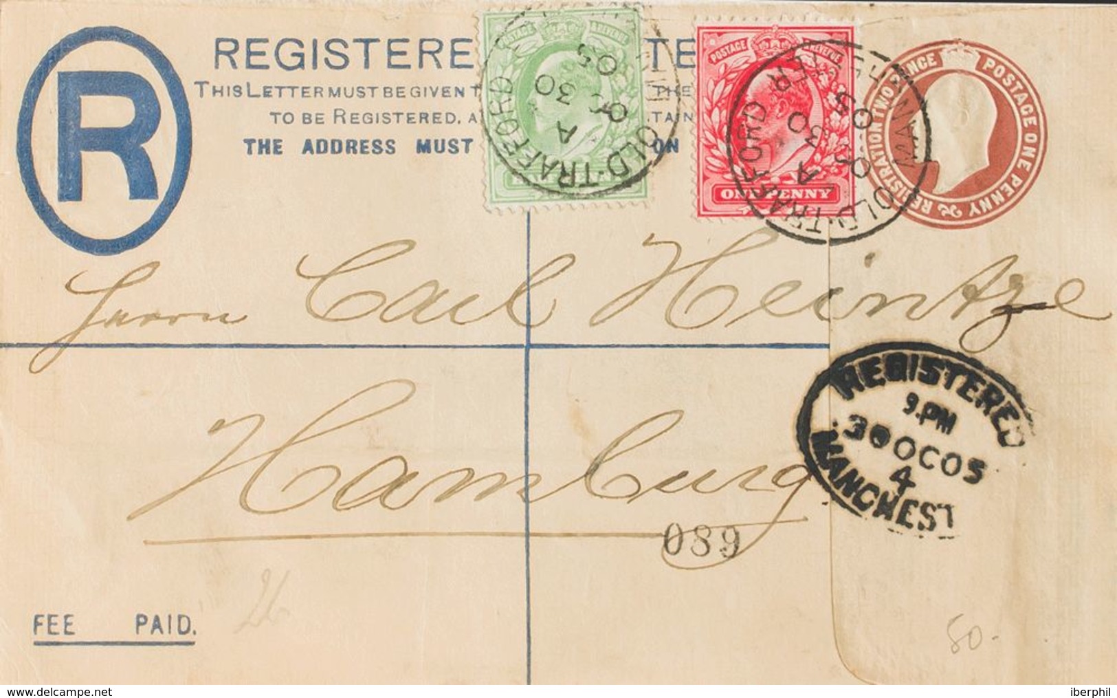 Gran Bretaña, Entero Postal. Sobre Yv 106, 107. 1905. 1 P Castaño Sobre Entero Postal Certificado De MANCHESTER A HAMBUR - ...-1840 Préphilatélie