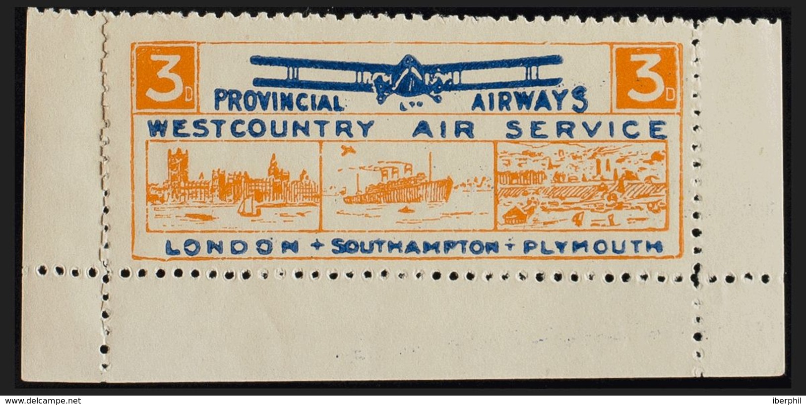 Gran Bretaña, Viñetas. MH *Yv . 1935. 3 P Naranja Y Azul. PROVINCIAL AIRWAYS / WEST COUNTRY AIR SERVICE. MAGNIFICA. - ...-1840 Préphilatélie