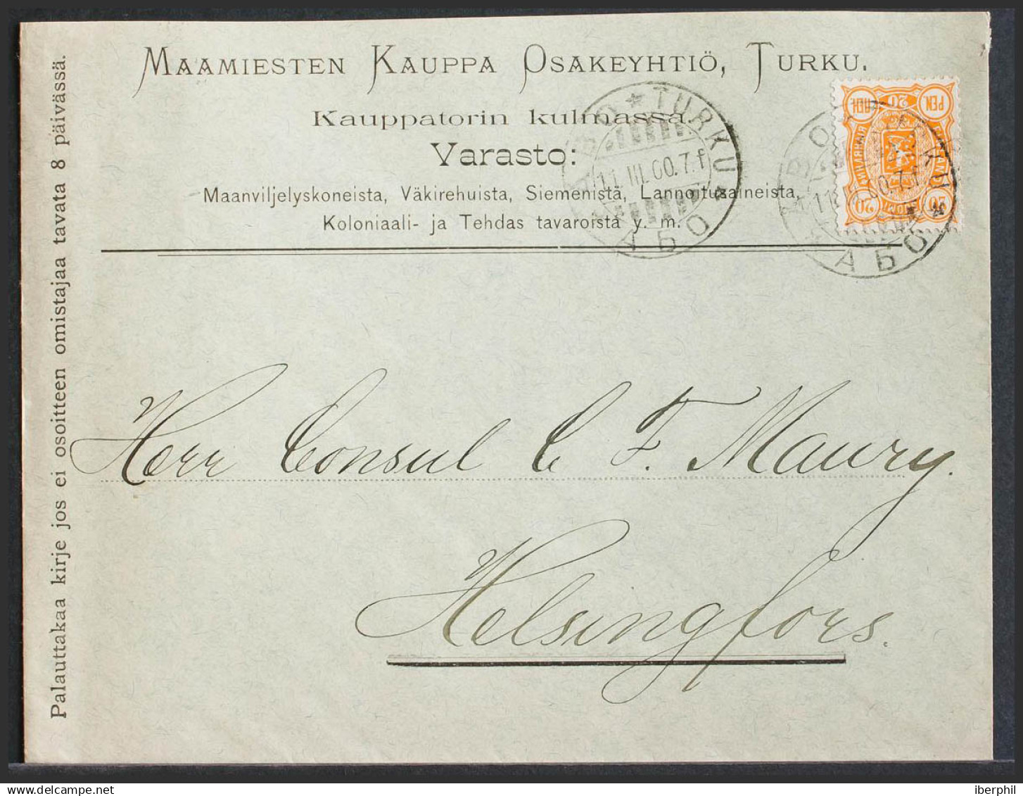 Finlandia. Sobre Yv 31. 1900. 20 P Naranja. TURKU A HELSINKI. MAGNIFICA. - Otros & Sin Clasificación