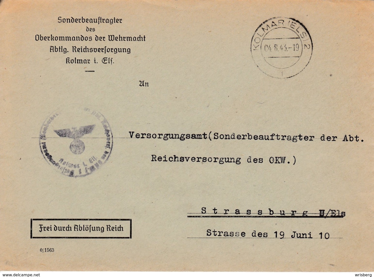 Env Frei Durch Ablôsung Reich Obl KOLMAR (ELS) 2 Du 04.8.43 Adressée à Strassburg - Lettres & Documents