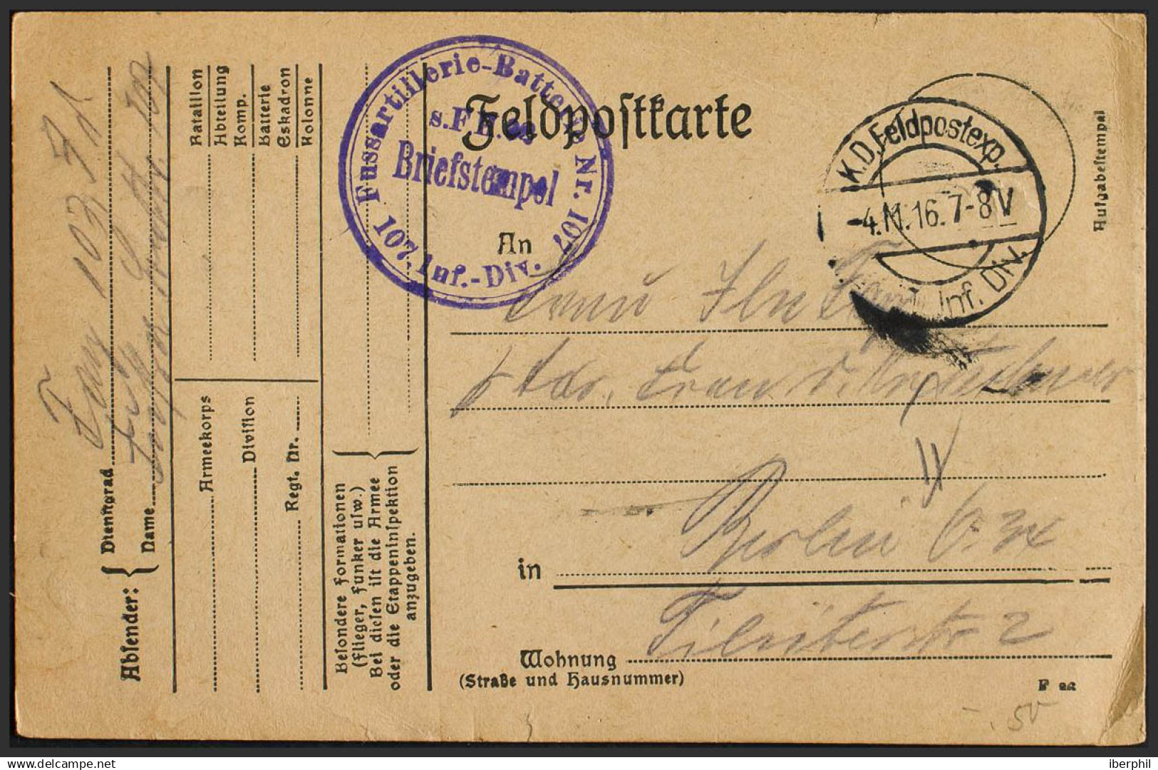 Alemania, Correo De Campaña / Militar. Sobre Yv . 1916. Tarjeta Postal Dirigida A BERLIN. MAGNIFICA. - Covers & Documents