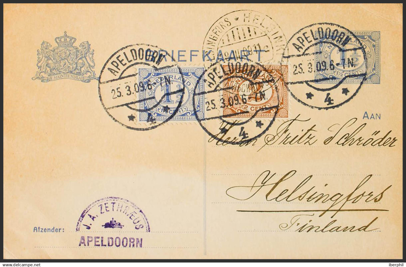 Holanda, Entero Postal. Sobre Yv 67, 68. 1909. 1 ½ Cts Lila Sobre Tarjeta Entero Postal De APELDOORN A HELSINKI (FINLAND - ...-1852 Precursores