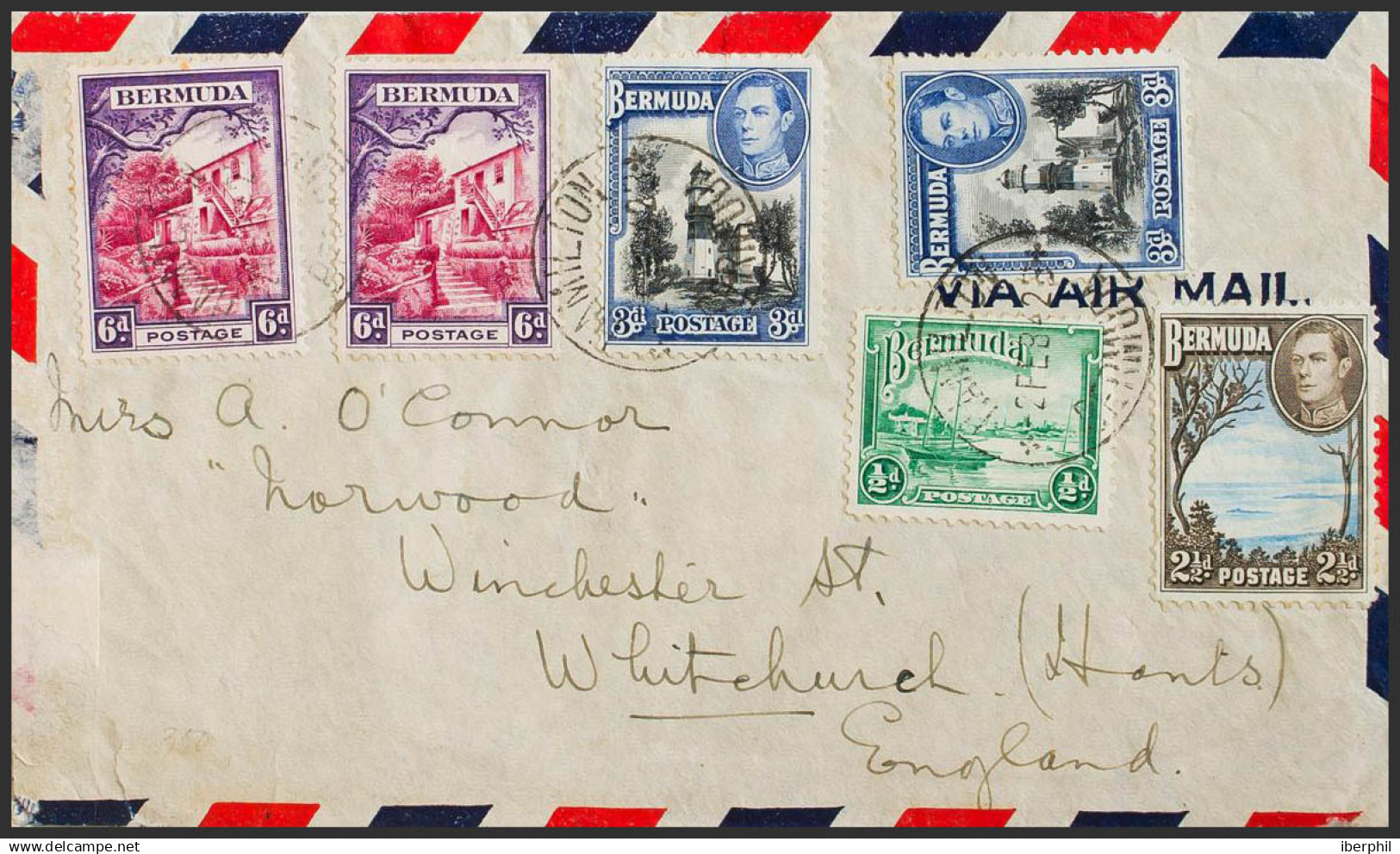 Bermudas. Sobre Yv 92, 98(2), 109, 111(2). 1942. ½ P, 6 P, Dos Sellos, 2 ½ P Y 3 P, Dos Sellos. HAMILTON (BERMUDA) A WHI - Bermudas