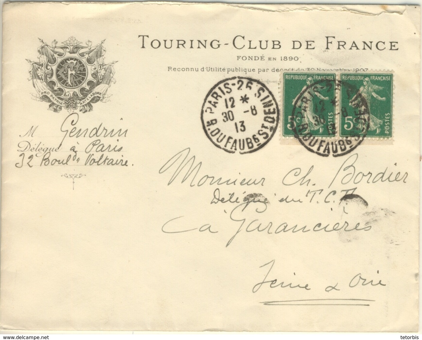 PAIRE CARNET 5C SEMEUSE TARIF LETTRE ILLUSTREE ENTETE TOURING CLUB DE FRANGE OBLITEREE DAGUIN TOUCHEUR PARIS 26 30/08/13 - 1877-1920: Periodo Semi Moderno