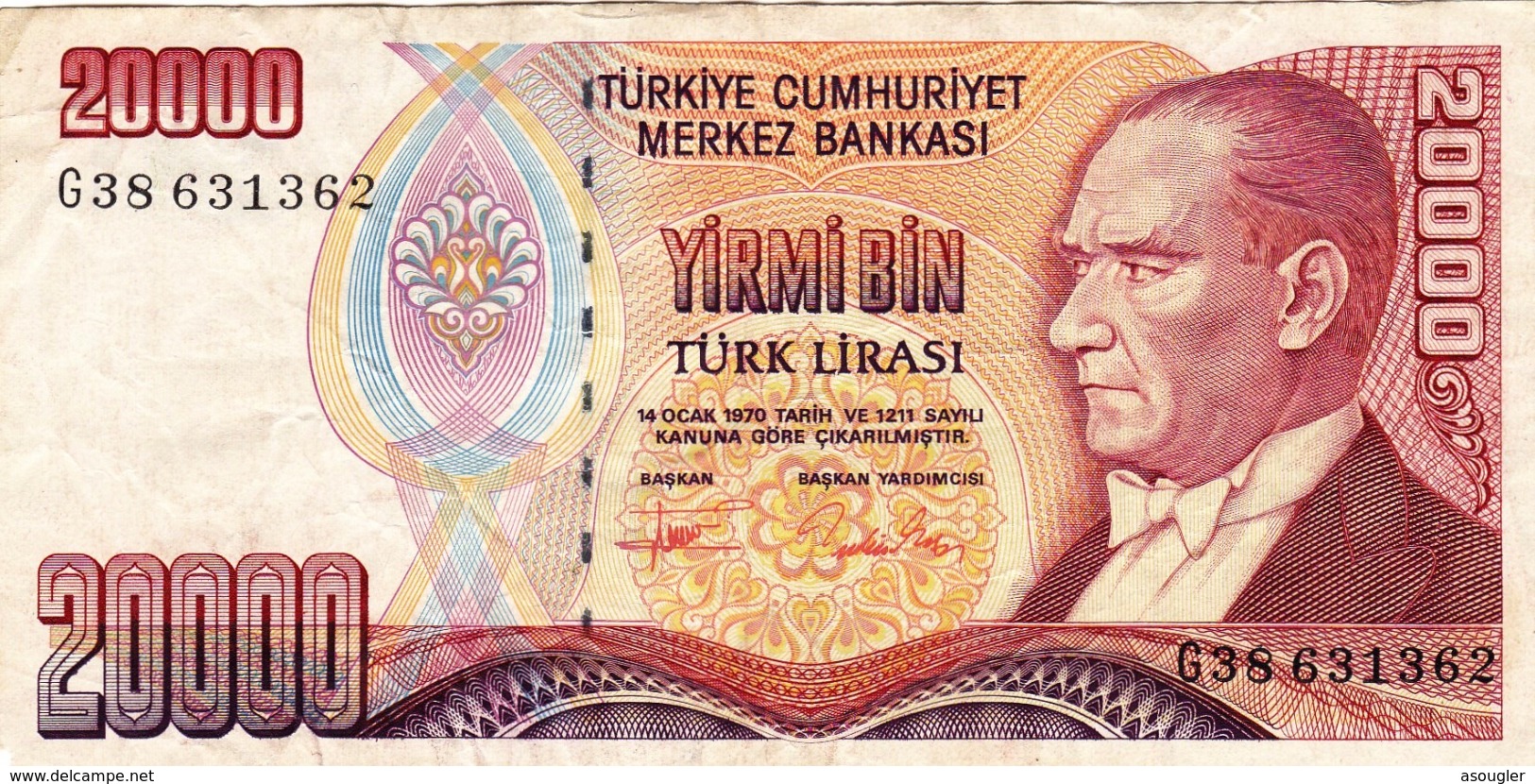 TURKEY 20000 LIRA 1970 (1995) F P-202 "free Shipping Via Regular Air Mail (buyer Risk) - Türkei