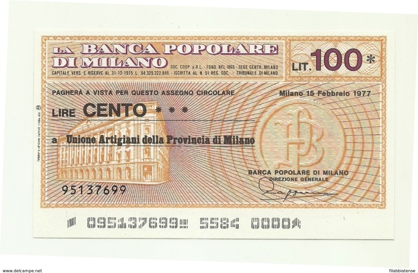 1977 - Italia - Banca Popolare Di Milano - Unione Artigiani Della Provincia Di Milano - [10] Assegni E Miniassegni