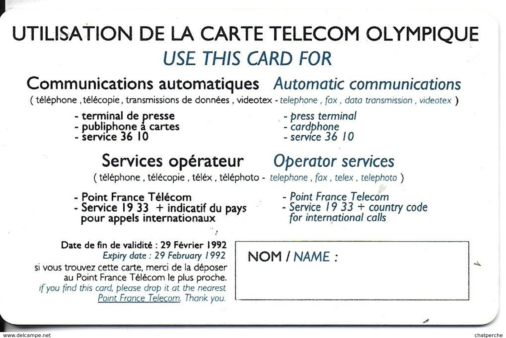 CARTE A PUCE CHIP CARD CARTE TÉLÉPHONE  FRANCE TELECOM FRANCE CARTE TELECOM OLYMPIQUE - Altri & Non Classificati