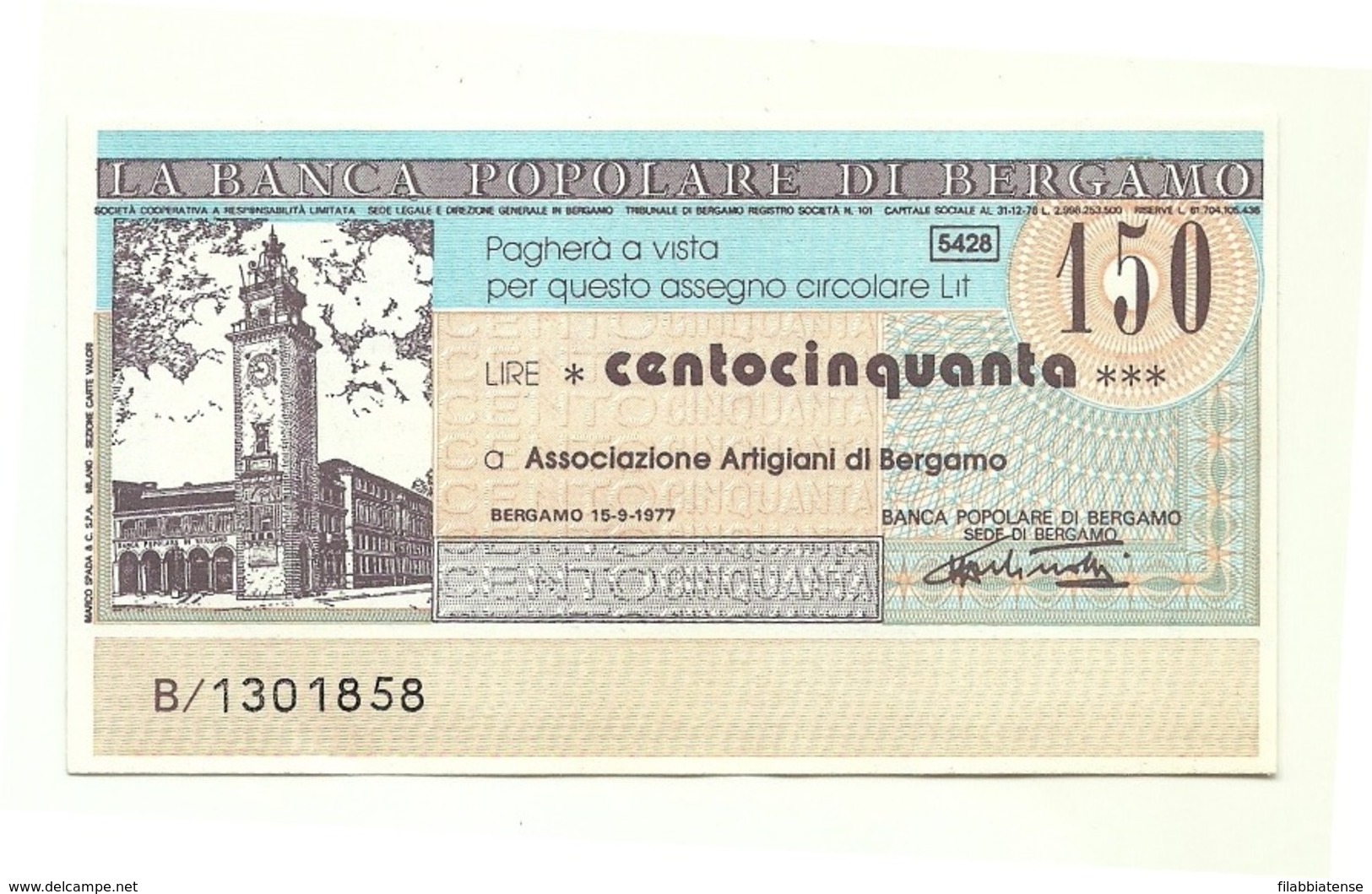 1977 - Italia - Banca Popolare Di Bergamo - Unione Artigiani Di Bergamo - [10] Assegni E Miniassegni