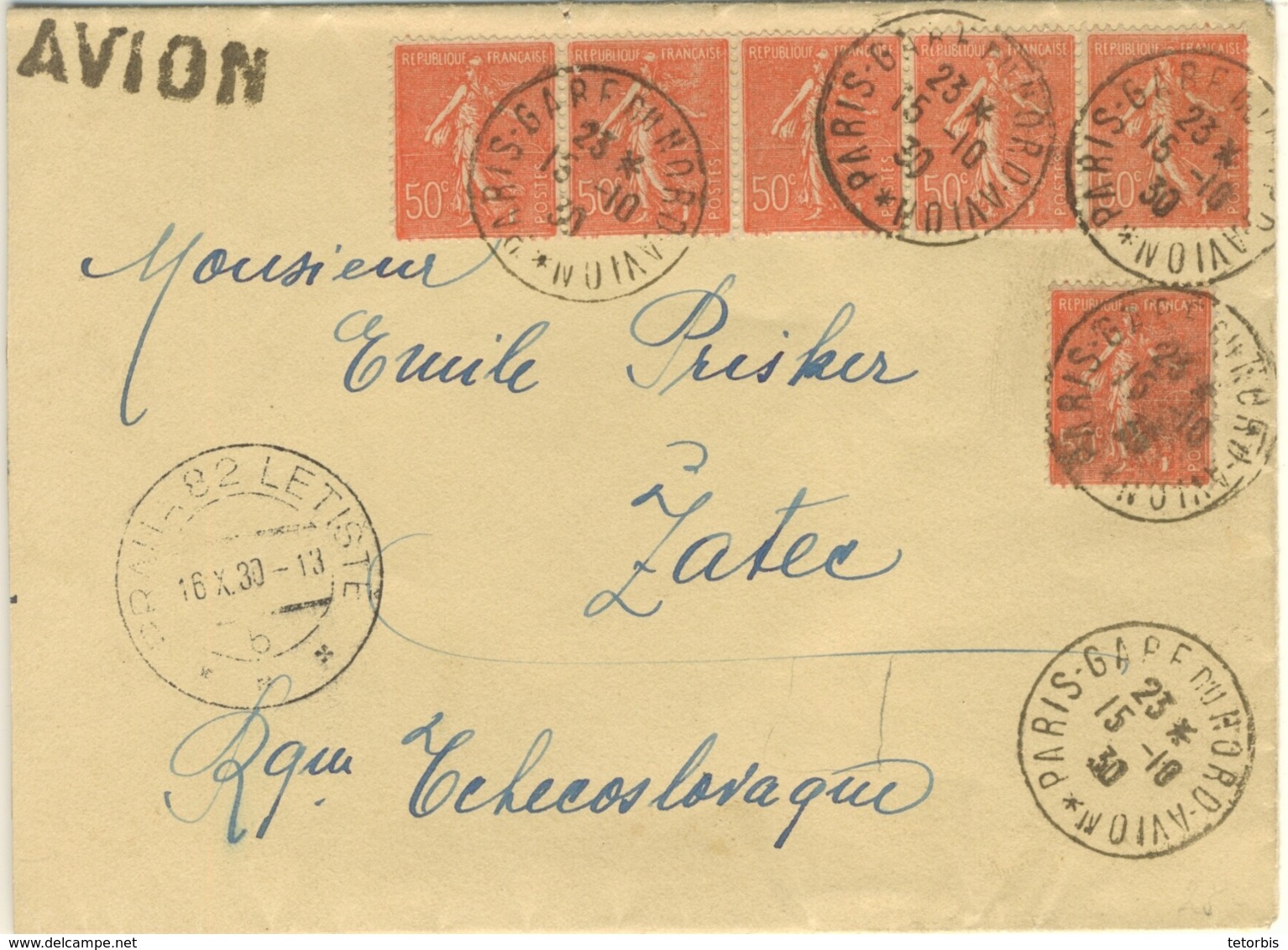 BANDE  5x50C SEMEUSE + 1 LETTRE AVION TCHECOSLOVAQUIE 15/10/30. CACHET ARRIVEE - 1921-1960: Période Moderne