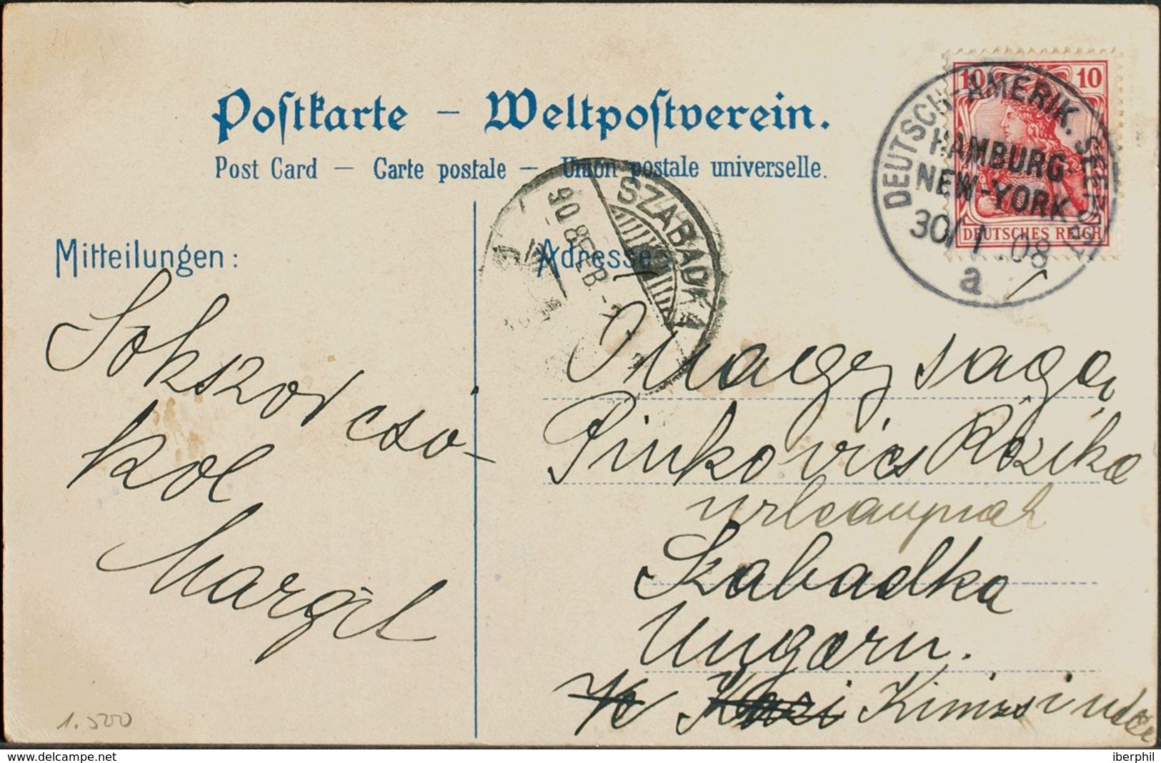 Alemania. Sobre Yv 69. 1908. 10 P Rojo. Tarjeta Postal Dirigida A SZABADKA (HUNGRIA). Matasello DEUTSCHAMERIK-SEE POST / - Cartas & Documentos