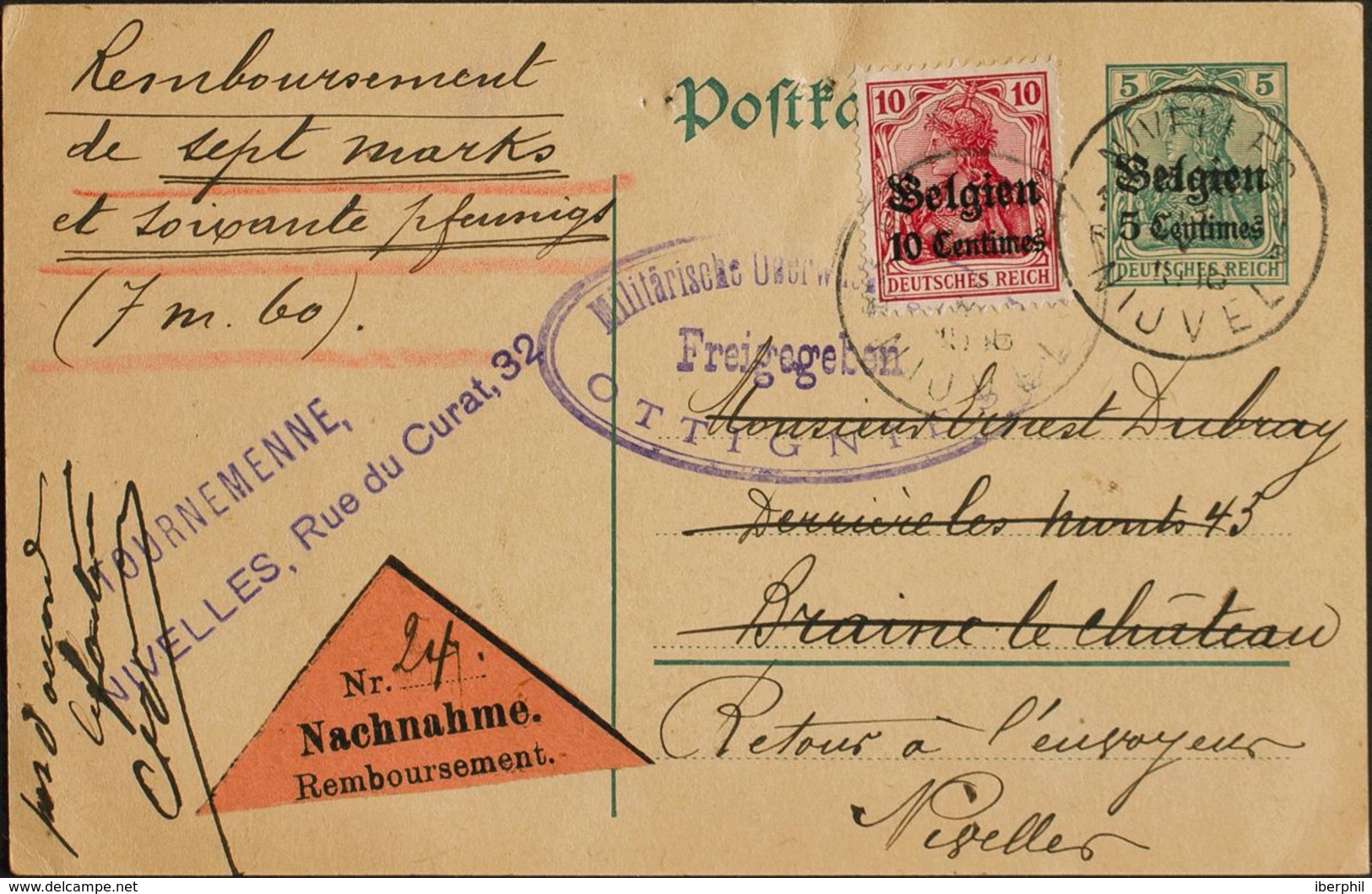 Bélgica Ocupación Alemana, Entero Postal. Sobre Yv 3. 1916. 5 Cts Verde Sobre Tarjeta Entero Postal De NIVELLES A BRAINE - Otros - Europa