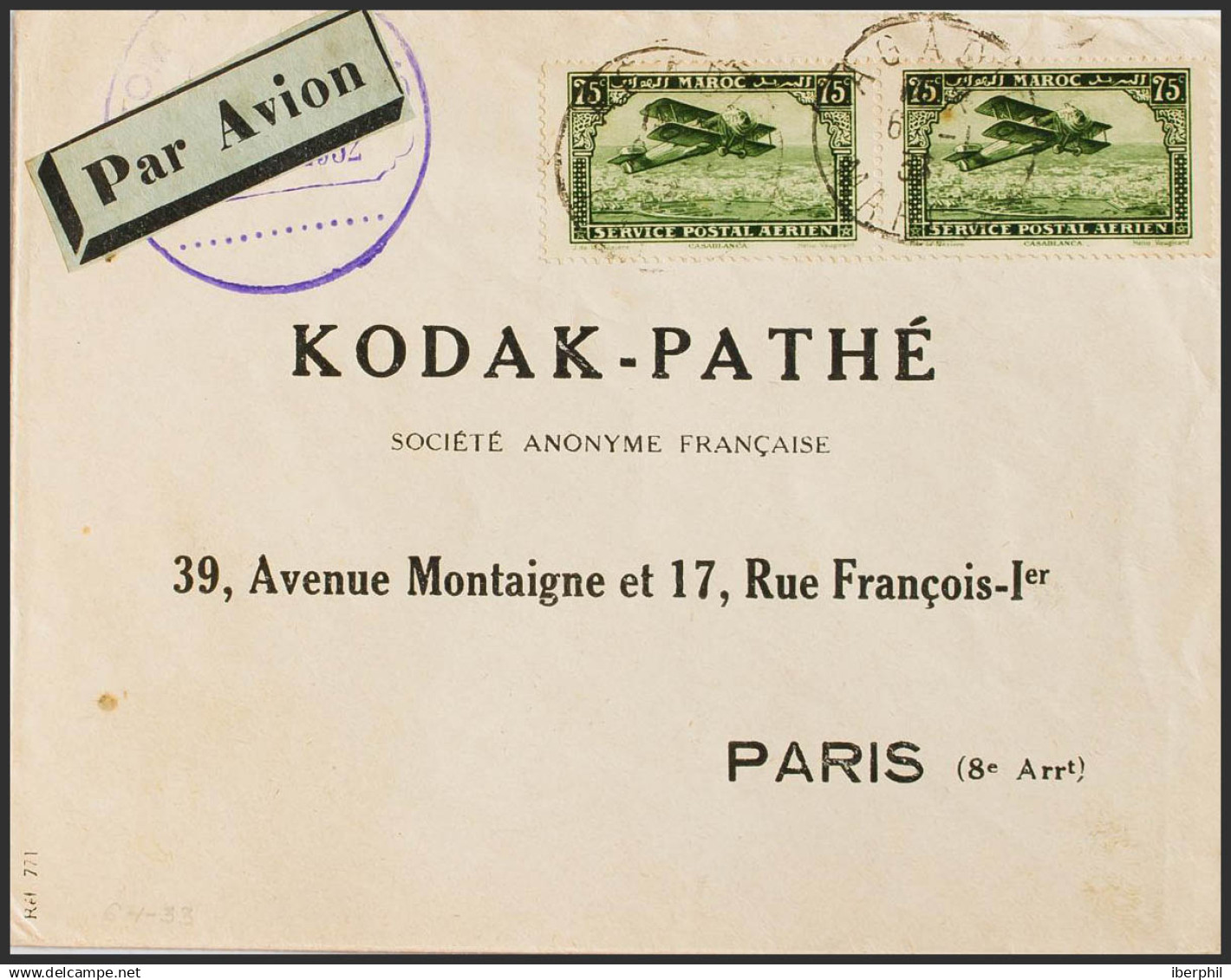 Marruecos Francés, Aéreo. Sobre Yv 5(2). 1933. 75 Cts Verde, Dos Sellos. AGADIR A PARIS (FRANCIA). Al Dorso Llegada. MAG - Morocco (1956-...)