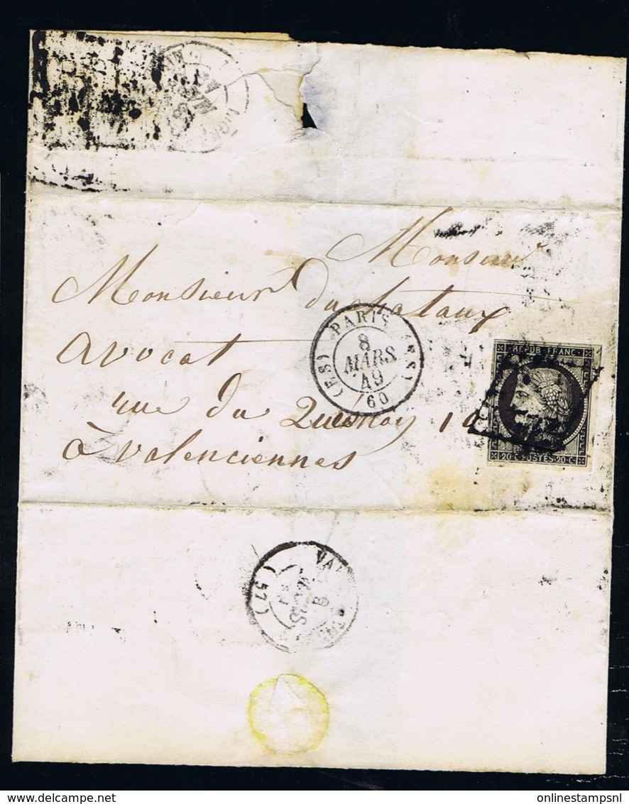 France Cover Yv 3 Broken Frame Variety, 1849 Valenciennes To Paris  Cachet Without Levee - 1849-1850 Ceres