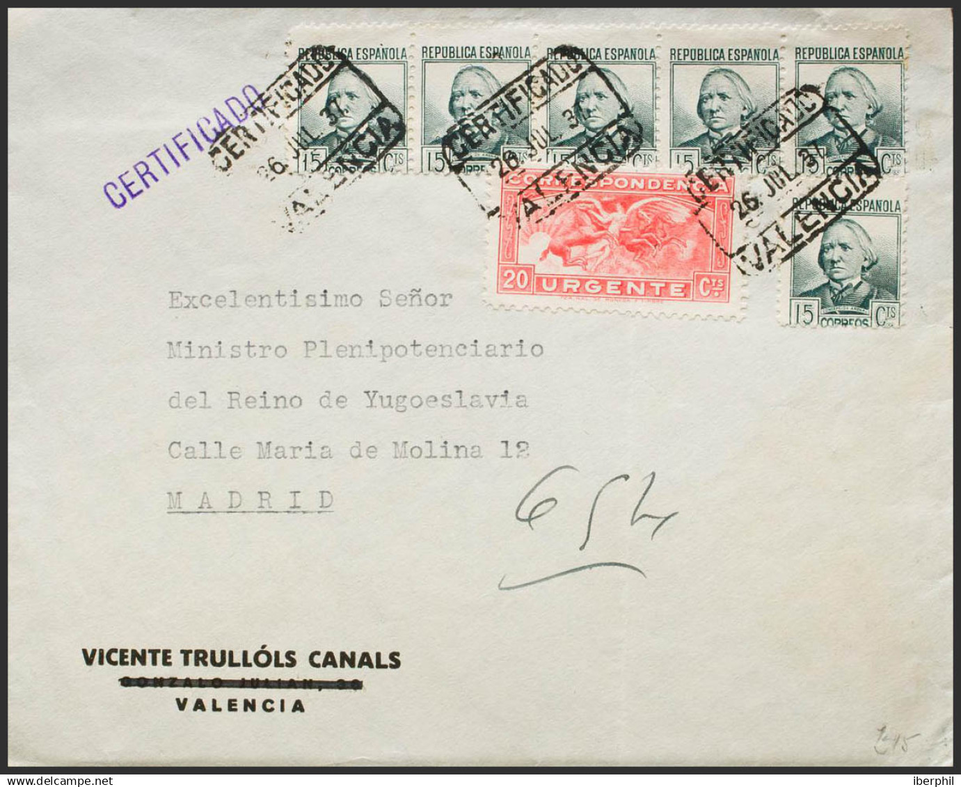 España. Correo Urgente. Correo Urgente. CERTIFICADO / VALENCIA. MAGNIFICA. - Exprès