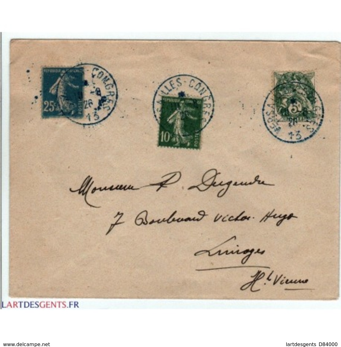 Oblitération Bleu Congrès 13 De Versailles Du 10 8 1926, 5,10,25 C - Oblitérés