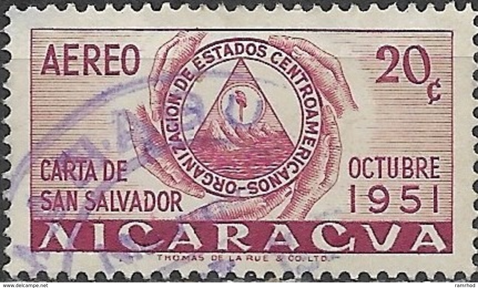 NICARAGUA 1953 Foundation Of Organisation Of Central American States -  20c. Hands Holding ODECA Arms FU - Nicaragua