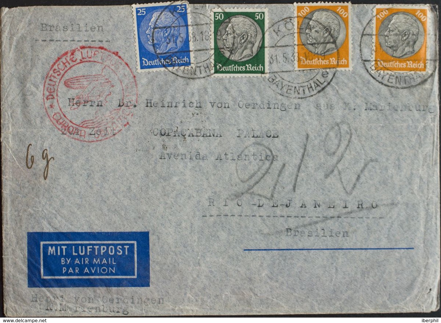 Alemania. Sobre Yv 453, 458, 461(2). 1938. 25 P Ultramar, 50 P Verde Y 100 P Amarillo Y Negro, Dos Sellos. Correo Aéreo - Cartas & Documentos