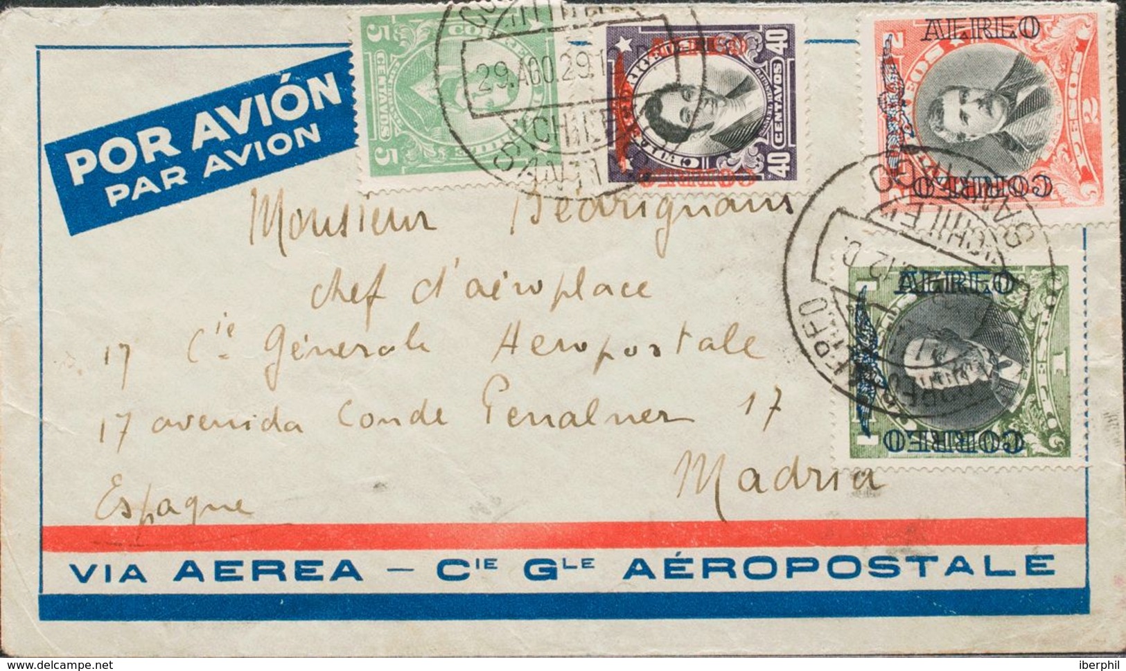Chile, Aéreo. Sobre Yv 16, 18, 19. 1929. 40 Ctvos Violeta, 1 Peso Verde, 2 Pesos Rojo Y 5 Ctvos Verde. Correo Aéreo De S - Chile