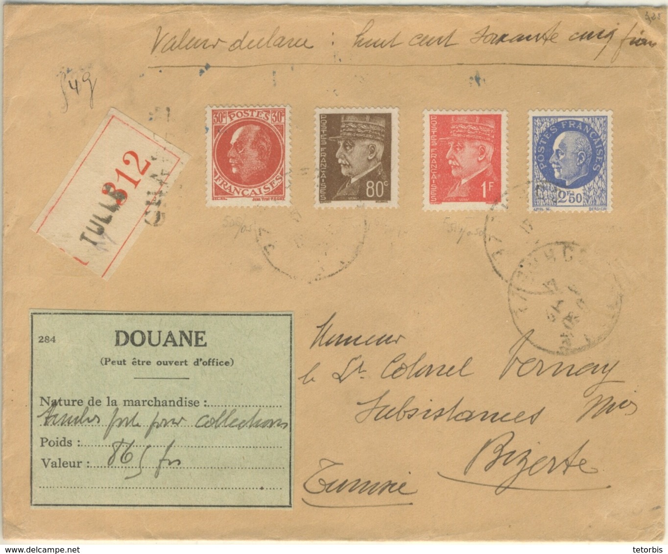 4 VALEURS PETAIN TARIF 4.60F LETTRE RECOMMANDEE 3ème ECHELON TUNISIE EN VALEURS DECLAREES + ETIQUETTE DOUANE 01/12/41 - 1921-1960: Période Moderne