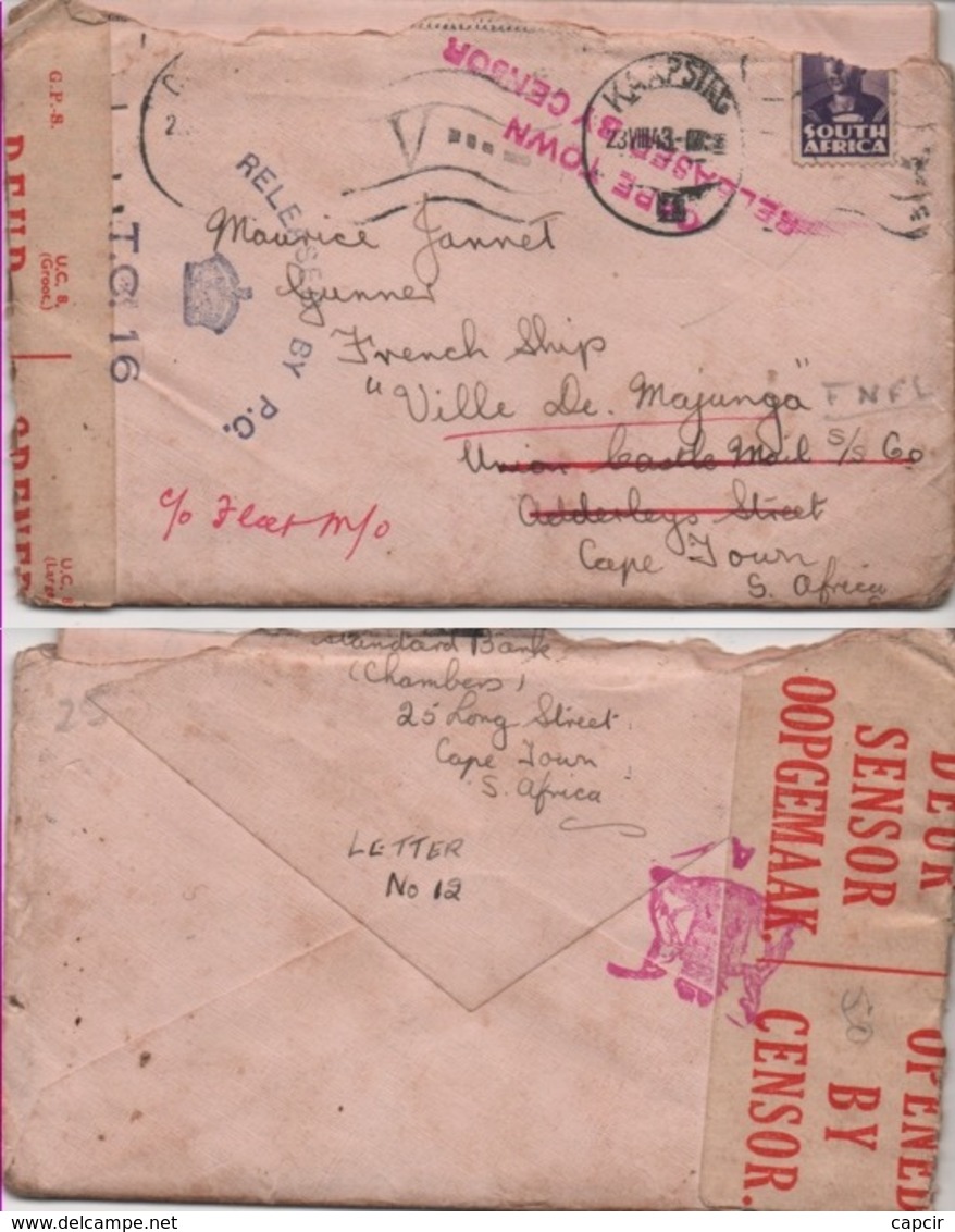 1943. Enveloppe Avec Son Courrier Pour Le ''Ville De Majunga'' Des Forces Navales Françaises Libres - Naval Post
