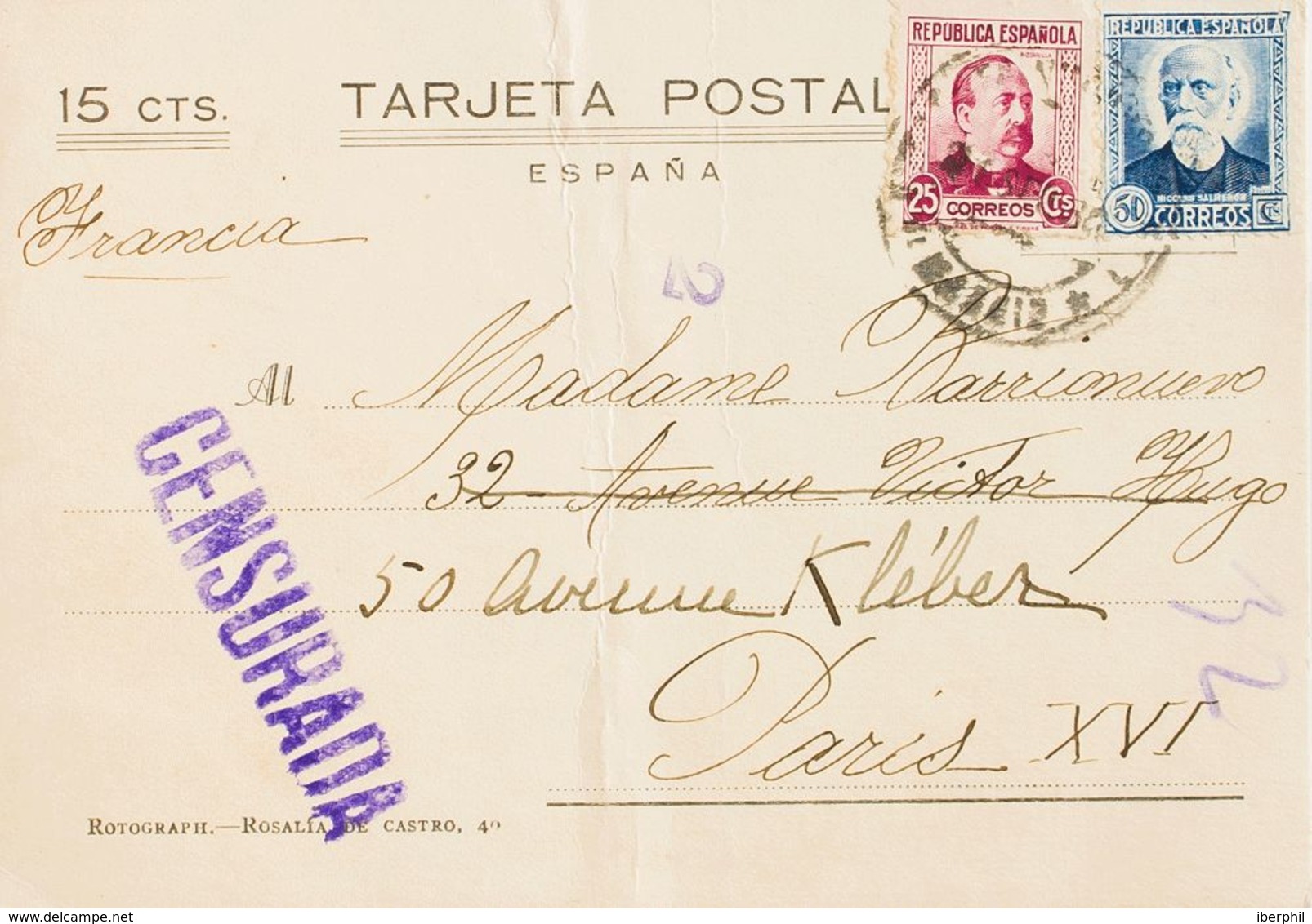 España. República Española. Sobre 685, 688. 1938. 25 Cts Carmín Y 50 Cts Azul. Tarjeta Postal Con Sobretasa De 15 Cts De - Briefe U. Dokumente