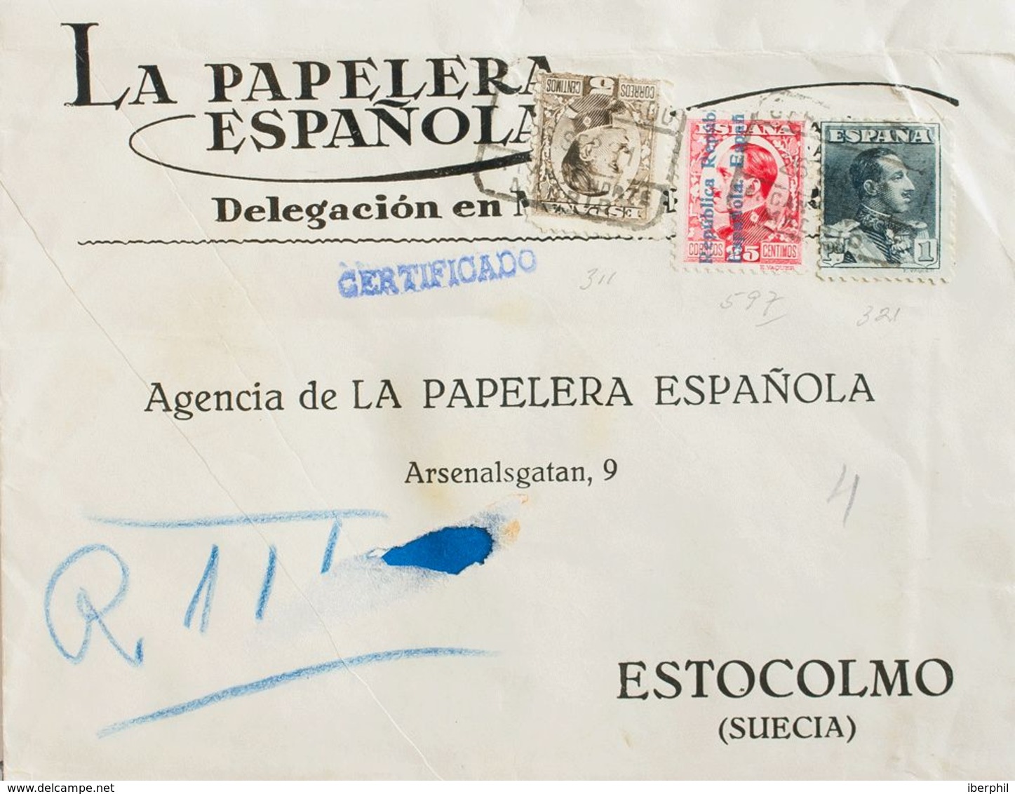 España. República Española Correo Certificado. Sobre 598, 321, 491. 1931. 25 Cts Carmín, 1 Pts Pizarra Y 5 Cts Castaño. - Briefe U. Dokumente