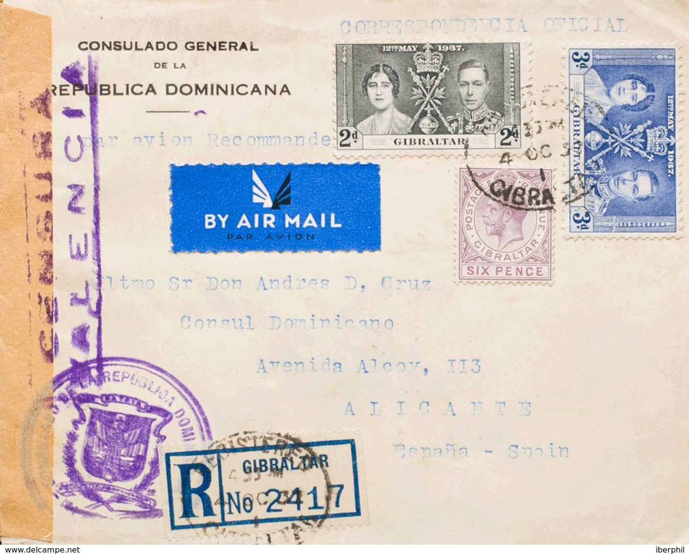 Gibraltar. Sobre Yv 100, 101, 79. 1937. 2 P Negro, 3 P Azul Y 6 P Violeta. Certificado De GIBRALTAR A ALICANTE. Circulad - Gibraltar