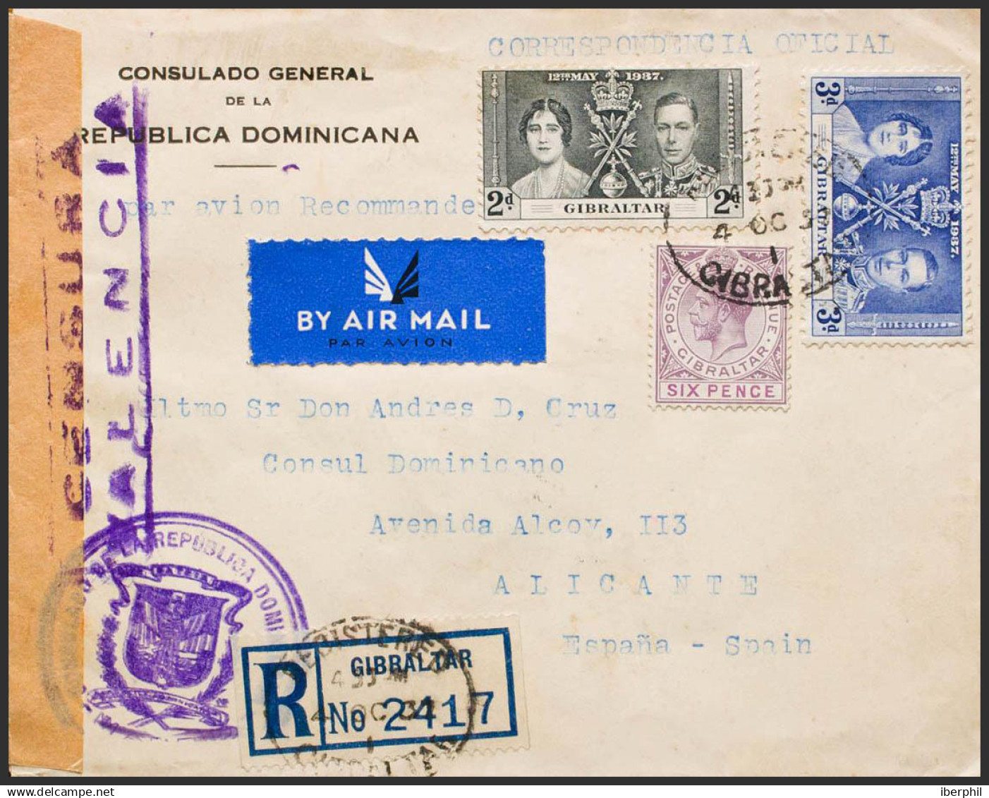 Gibraltar. Sobre Yv 100, 101, 79. 1937. 2 P Negro, 3 P Azul Y 6 P Violeta. Certificado De GIBRALTAR A ALICANTE. Circulad - Gibraltar