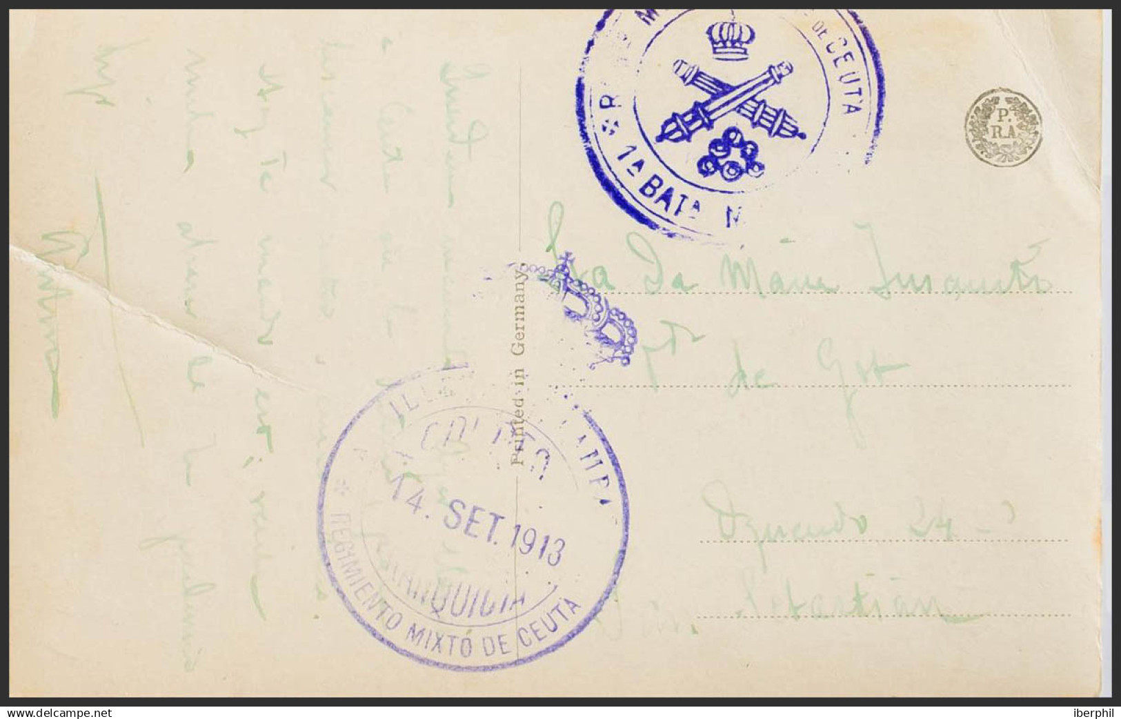 España. Correo / Franquicias Militares. Sobre . 1913. Tarjeta Postal Dde CEUTA A SAN SEBASTIAN. Marca De Franquicia ARTI - Military Service Stamp