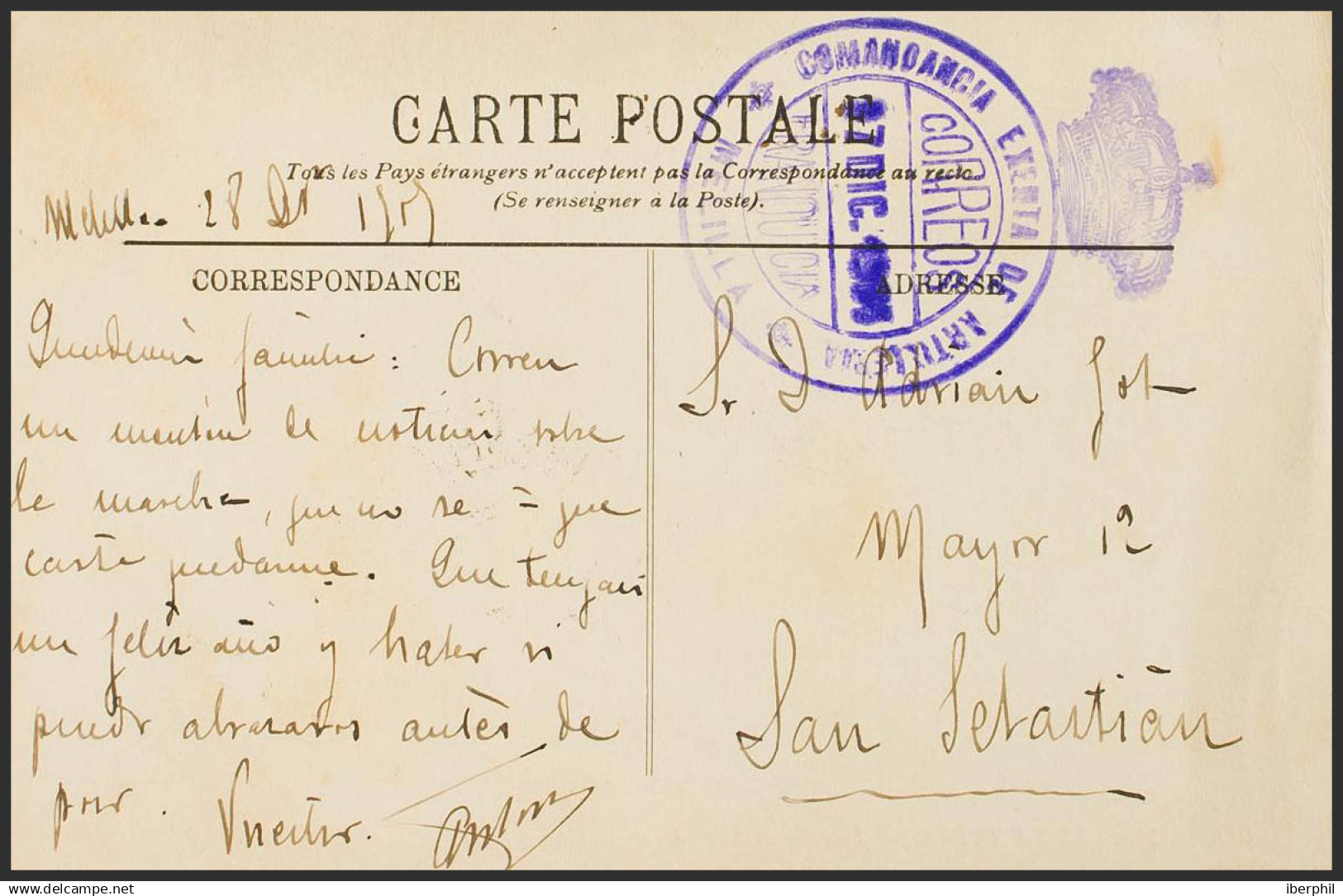 España. Correo / Franquicias Militares. Sobre . 1915. Tarjeta Postal De MELILLA A SAN SEBASTIAN. Marca De Franquicia COM - Military Service Stamp