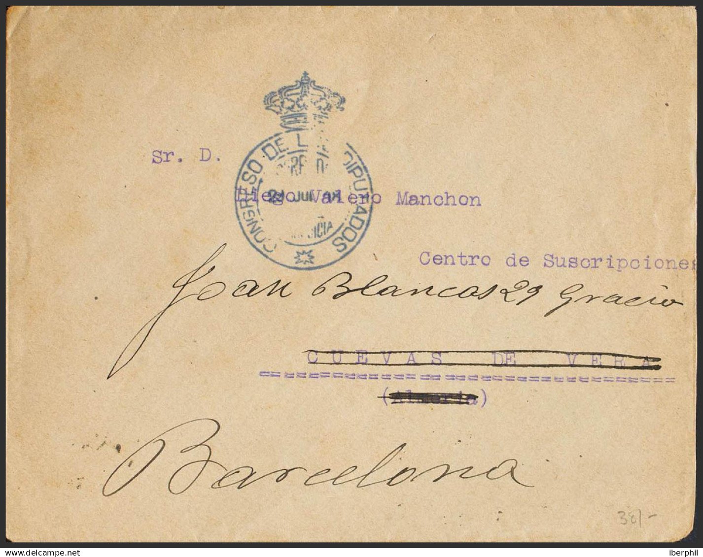 España. Correo / Franquicias Militares. Sobre . 1918. MADRID A CUEVAS DE VERA, Reexpedida A BARCELONA. Marca De Franquic - Militärpostmarken