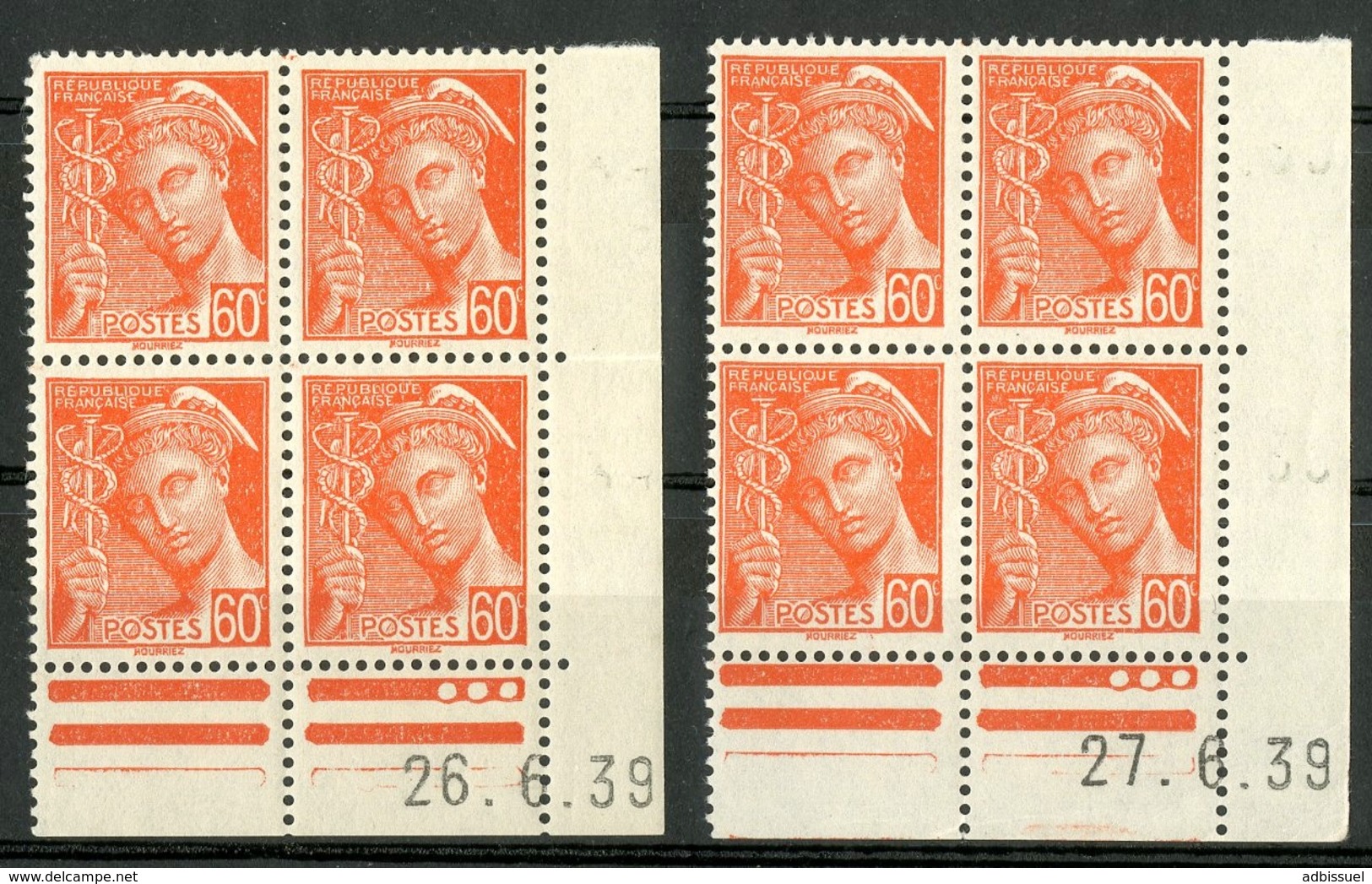 N° 415 **/* (MNH/MH). 2 Coins Datés Du 26 Et 27/06/39. Blocs De Quatre "Mercure". - 1930-1939