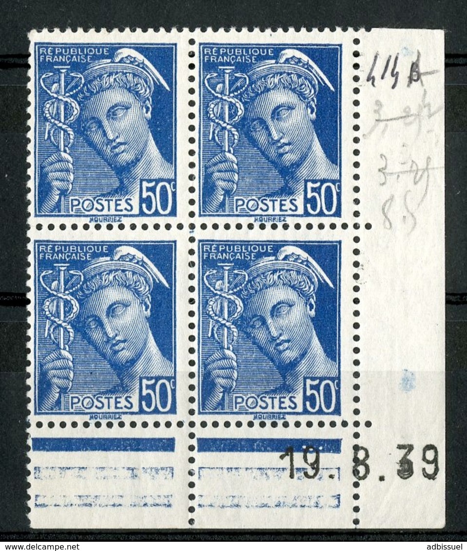 N° 414 A** (MNH) Cote 24 €. Coin Daté Du 19/8/39. Bloc De Quatre "Mercure". - 1930-1939