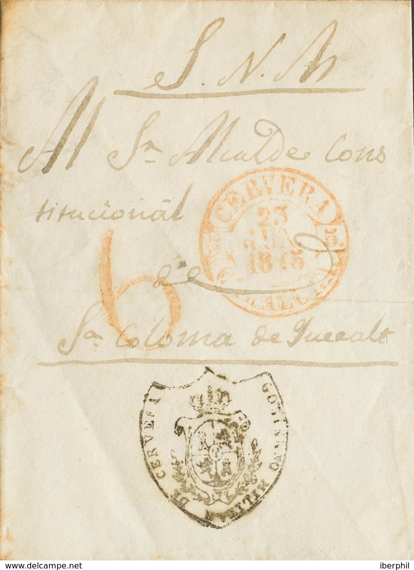 España. Correo / Franquicias Militares. Sobre . 1845. CERVERA A SANTA COLOMA DE QUERALT. Marca De Franquicia GOBIERNO MI - Military Service Stamp