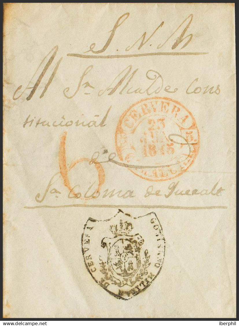 España. Correo / Franquicias Militares. Sobre . 1845. CERVERA A SANTA COLOMA DE QUERALT. Marca De Franquicia GOBIERNO MI - Franquicia Militar