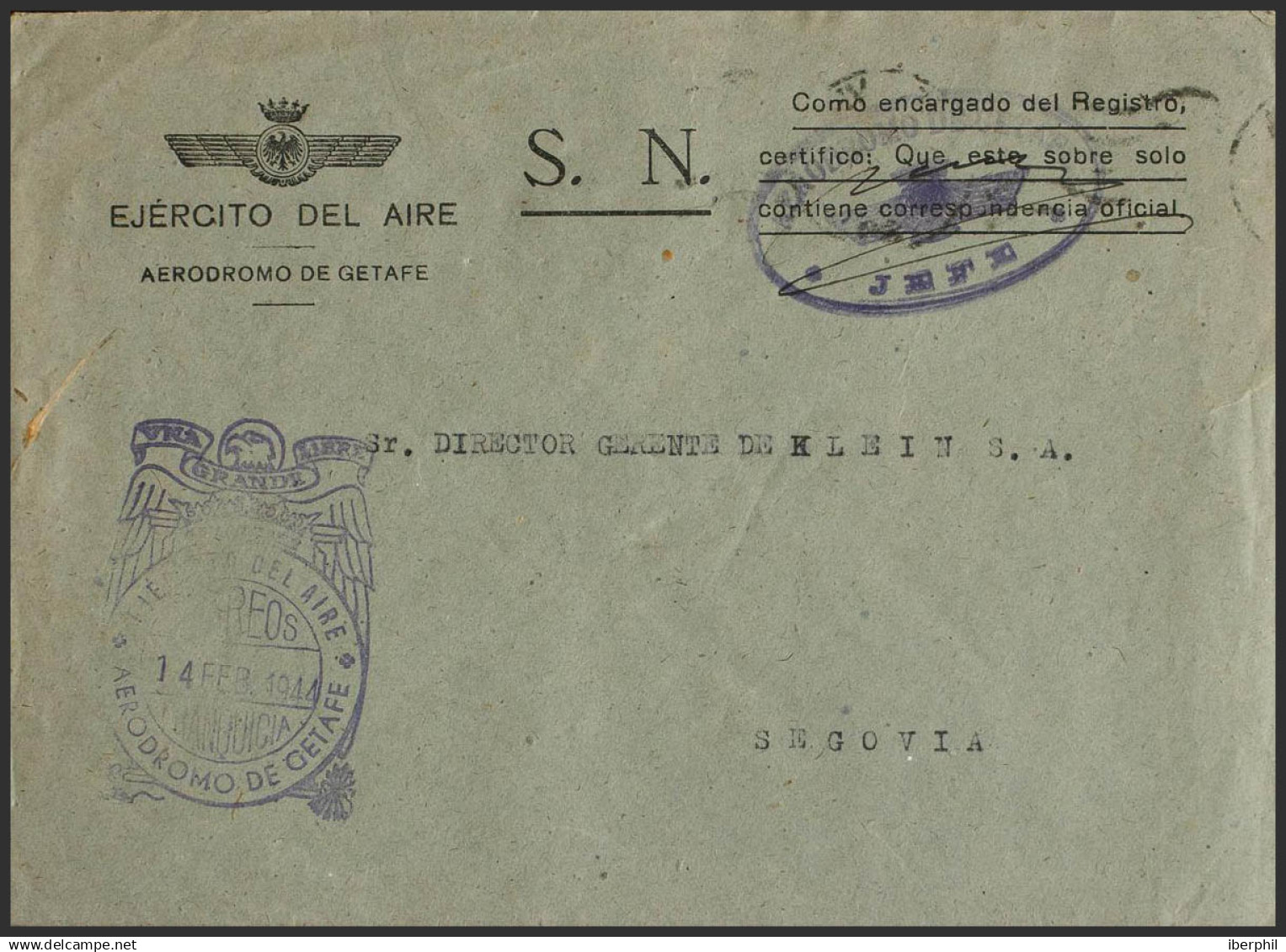 España. Correo / Franquicias Militares. Sobre . 1944. GETAFE A SEGOVIA. Marcas De Franquicia EJERCITO DEL AIRE / AERODRO - Franquicia Militar