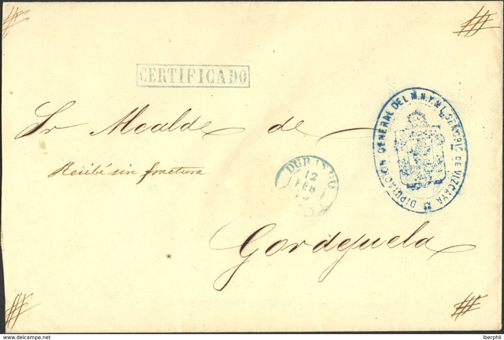 España. Correo Carlista. Sobre . 1875. Certificado De DURANGO A GORDEYUELA. Marca Lineal CERTIFICADO, Cruces En Las Esqu - Carlistes