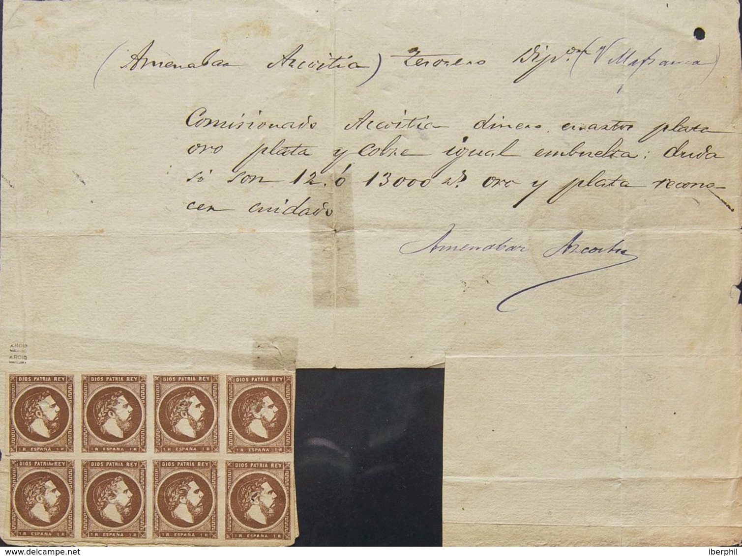 España. Correo Carlista. Fragmento 161(8). 1875. Resguardo De Telegrama, Impuesto En Azpeitia Y En El Que Se Adhieren Al - Carlists
